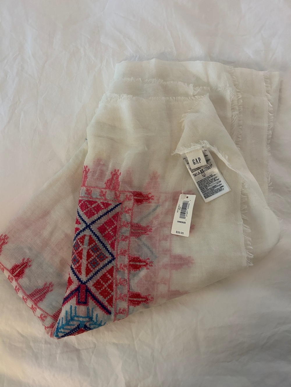 NWT GAP Cotton Scarf in White with Pink and Blue Embroidery